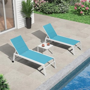 3-Pieces Aluminum Outdoor Chaise Lounge Set Chaise Lounger with Side Table and Wheels for Outside Beach Sunbathing