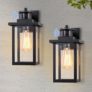 1-Light Black Motion Sensor Dusk To Dawn Outdoor Hardwired Wall Lantern Sconces with No Bulb Included (2-Pack)