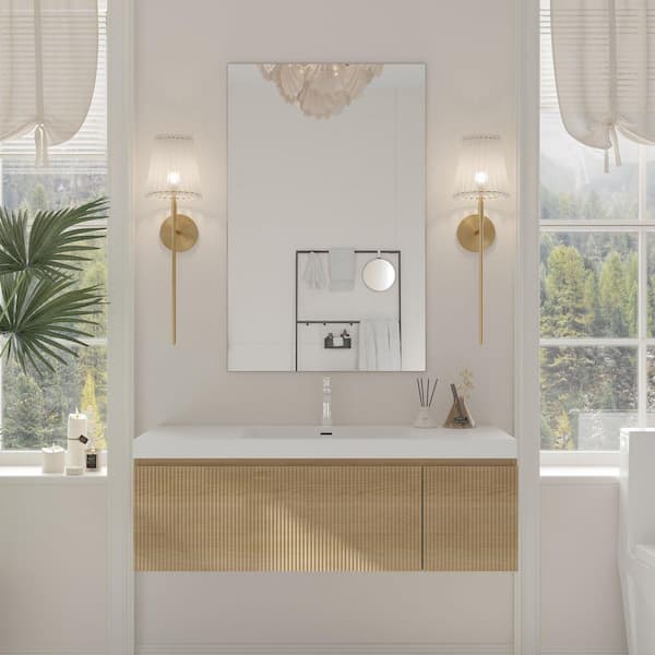 48 in. Wall-Mounted Bath Vanity Floating Bathroom Storage Cabinet in Natural Oak with Glossy White Stone Resin Top