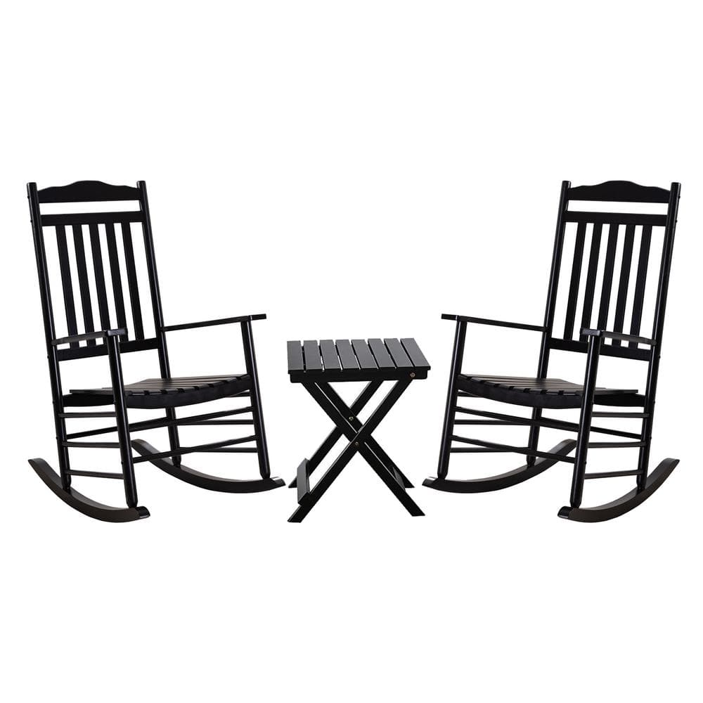 BplusZ Black Wood Outdoor Rocking Chair Set of 3,2 Outdoor Rockers and