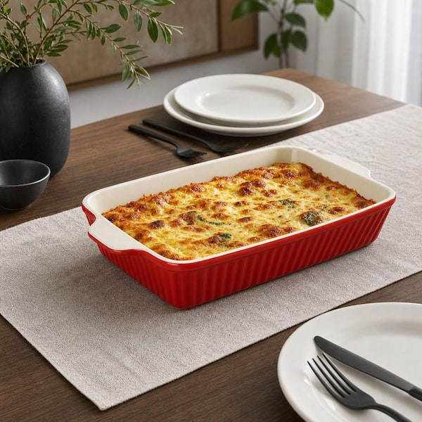 REDValentino 23.5〜24cm Numhew 4.2 Qt. Red Ceramic Casserole Dish, Large Lasagna Pan Deep