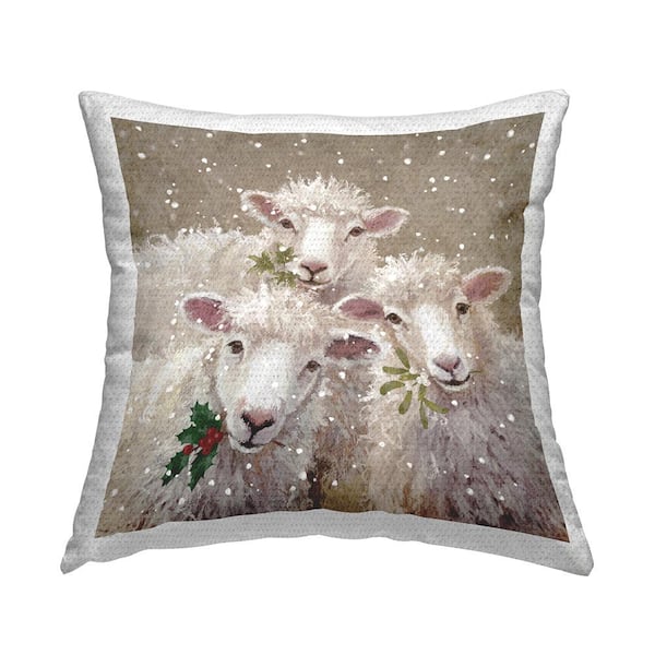 Sheep Trio Winter Snowfall Tan Square Outdoor Throw Pillow