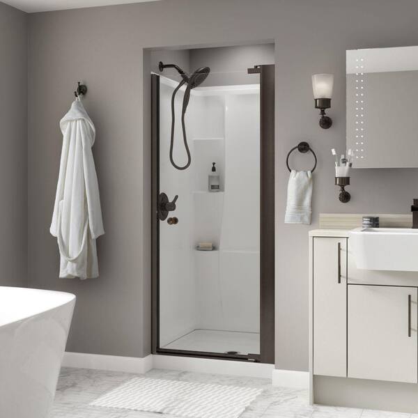 Delta Phoebe 33 in. x 64-3/4 in. Semi-Frameless Contemporary Pivot Shower Door in Bronze with Clear Glass