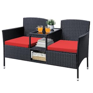 Black Wicker Outdoor Patio Loveseat with Poppy Red Cushions and Center Storage Table