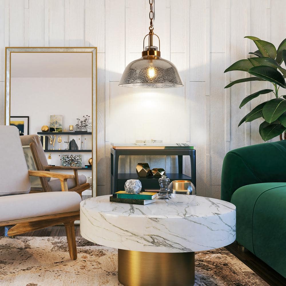 Swarajism Polished Brass and Mottled Glass Pendant Light