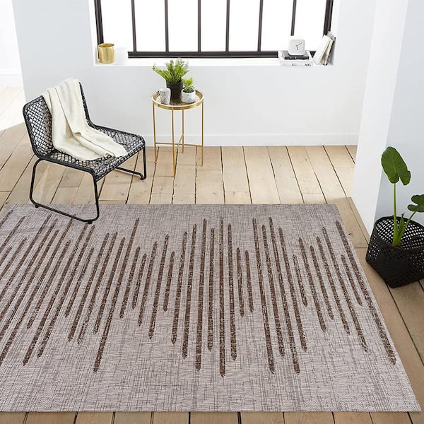 Beige Polypropylene 5 ft. x 8 ft. Stripe Geometric Indoor/Outdoor Area Rug