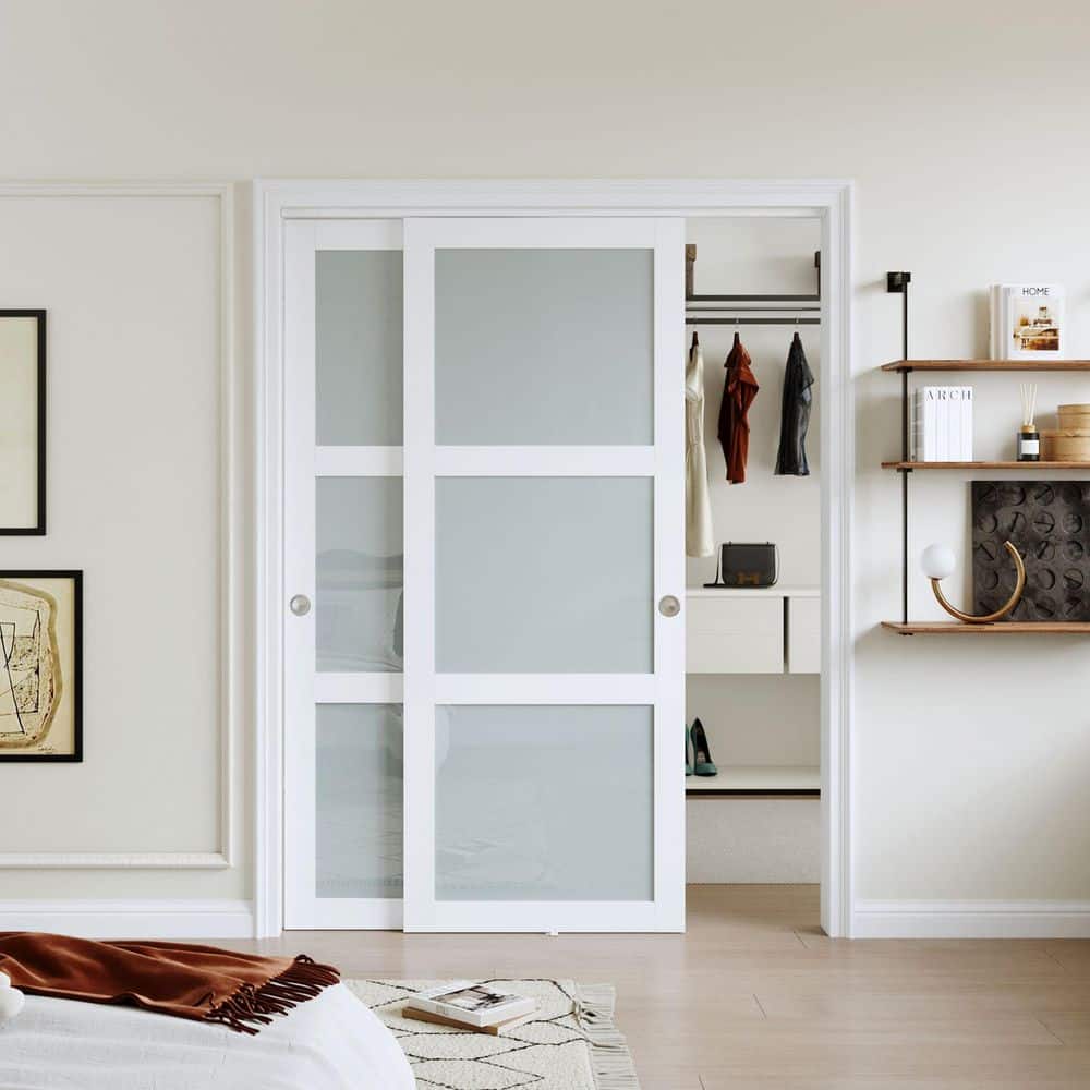 56 in. x 80 in. 3-Lite Tempered Frosted Glass White Finished MDF Closet Sliding Door with Hardware Kit price history on PriceWatchPro