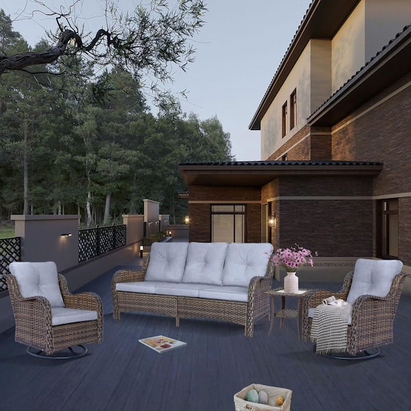 Xingzjojor Brown 4-Piece Wicker Outdoor Patio Conversation Seating Sofa Set with Gray Cushions and Swivel Rocking Chairs
