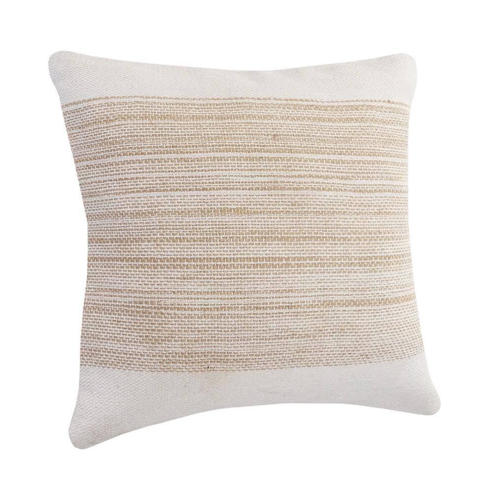 Ivory and Tan Striped Jute Cotton 20" Square Throw Pillow