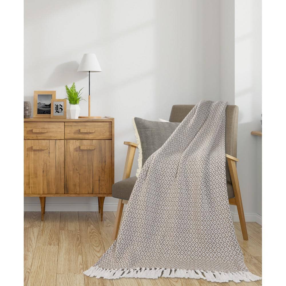 Klan Beige/Off-White Geometric Diamond Fringe All Natural Cotton Throw Blan