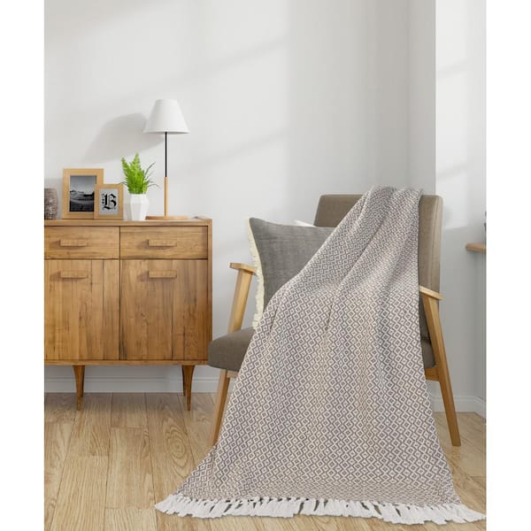 Unbranded Klan Beige/Off-White Geometric Diamond Fringe All Natural Cotton Throw Blanket