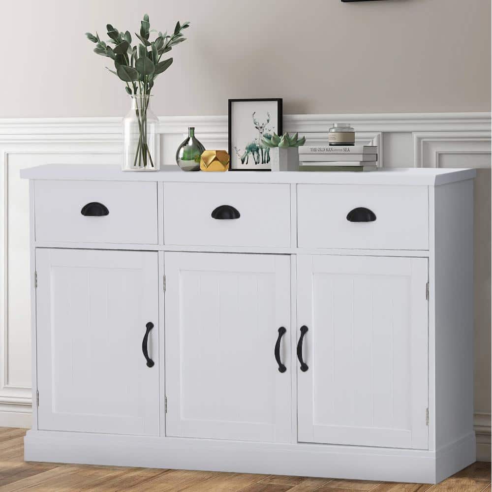 PHI VILLA Warm White Accent Buffet Cabinet with 3 Drawers and Doors THD ...