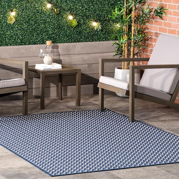 Camryn Abstract Herringbone Navy 5 ft. x 8 ft. Indoor/Outdoor Patio Area Rug