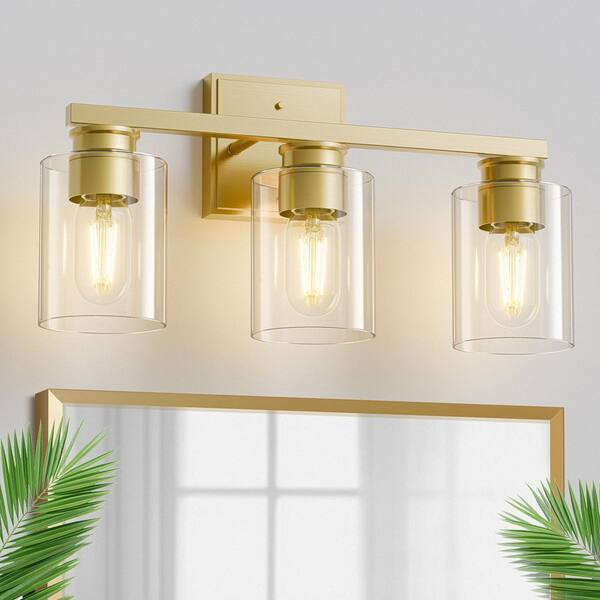 YANSUN 18 in. 3-Light Gold Vanity Light with Clear Glass for Elegant Bathroom Lighting