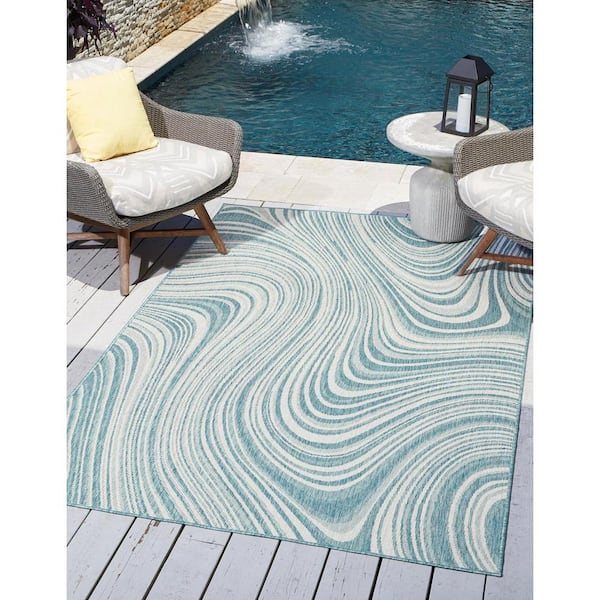 Unique Loom Pool Indoor/Outdoor Modern Rug Blue/Ivory 8' x 11' 4