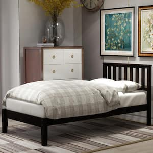 Espresso Twin Wood Platform Bed with Headboard and Slat Support