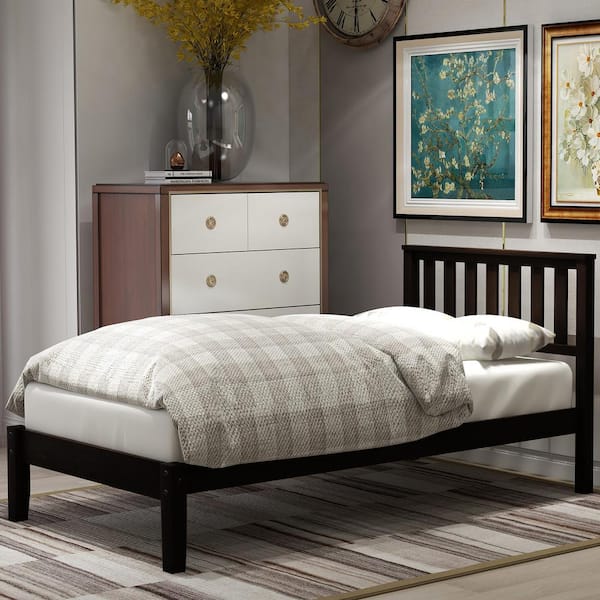 Qualler Espresso Twin Wood Platform Bed with Headboard and Slat Support