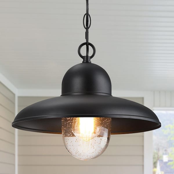 Farmhouse 9.75 in. 1-Light Black Outdoor Pendant Light with Seeded Glass for Porch