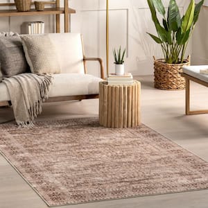 Jett Floral Border Spill-Proof Machine Washable Beige 9 ft. x 12 ft. Area Rug