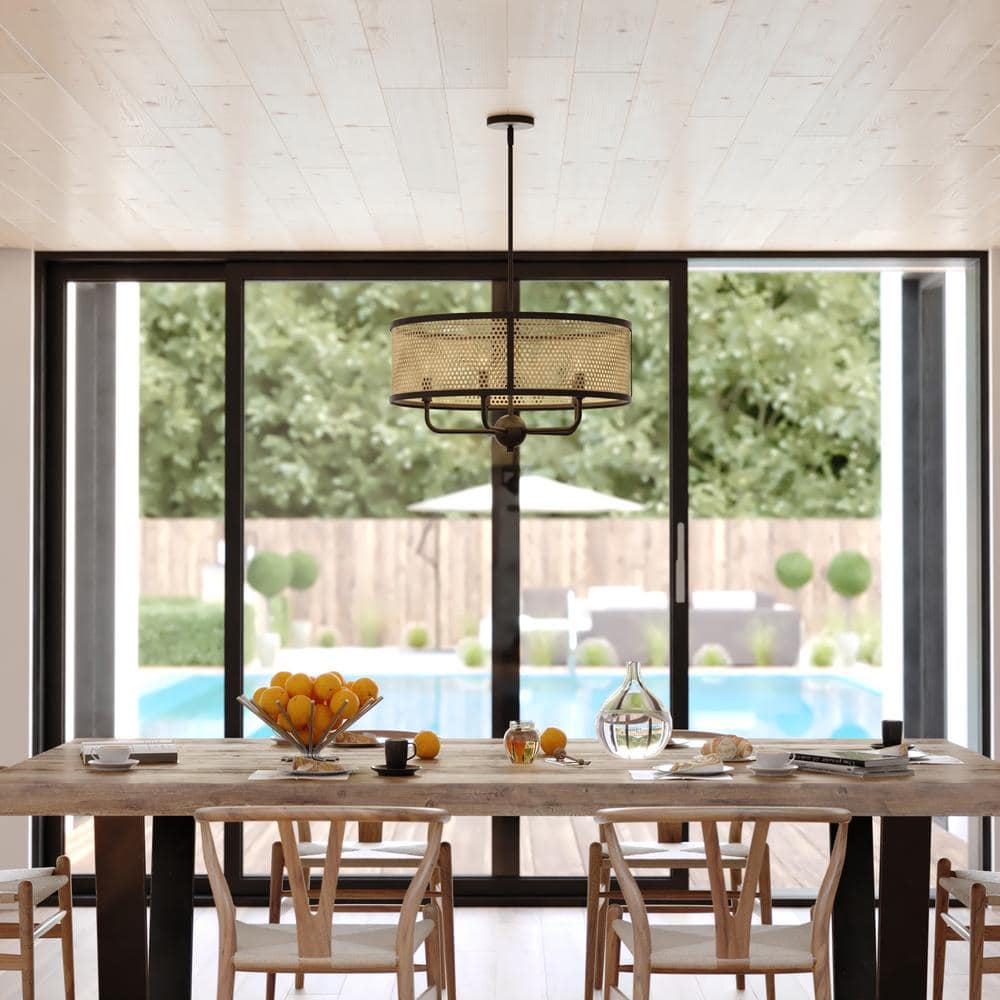 Matte Black and Rattan Drum Pendant Light Fixture