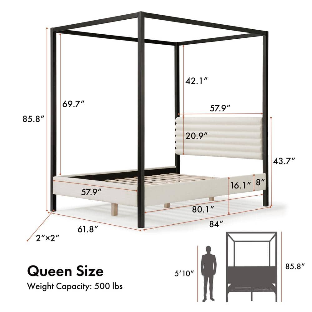 White Queen Canopy Bed with Upholstered Headboard and Wood Frame
