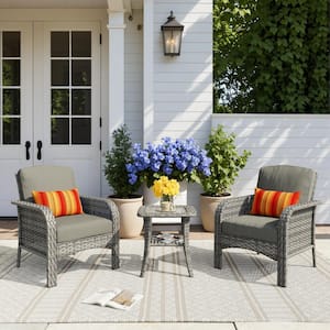 Missisi Gray 3-Piece Wicker Patio Conversation Seating Set with Black Cushions