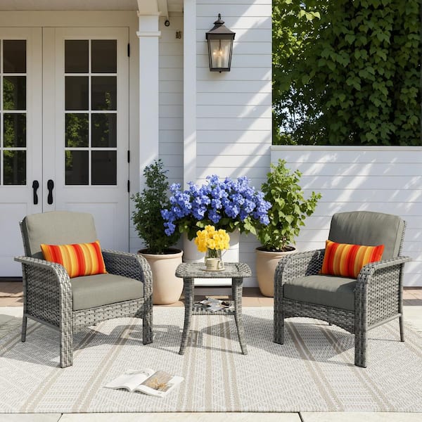 OVIOS Missisi Gray 3-Piece Wicker Patio Conversation Seating Set with Black Cushions