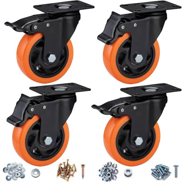 4-Pack Heavy Duty 4 in. Orange Polyurethane Top Plate Swivel Caster Wheels with Brake, Double Bearing