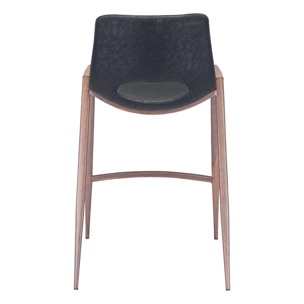 Black Leather and Walnut Wood Counter Stools, Set of 2