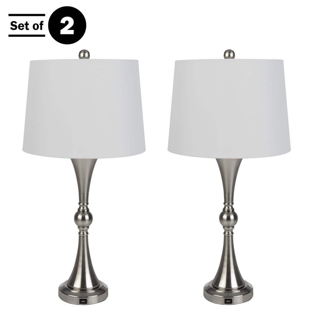 Silver Touch Control Table Lamps with USB Ports, Set of 2