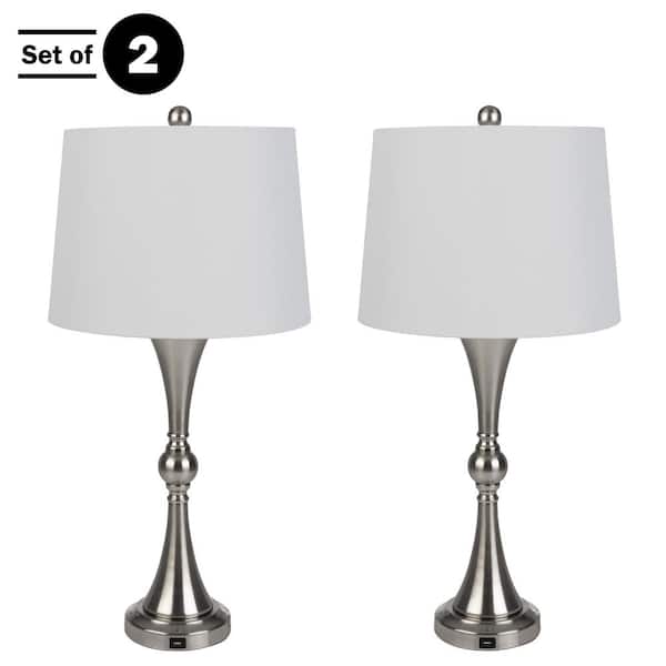 Lavish Home 28.74 in. Set of 2 Table Lamps with USB Charging Ports, Touch Control and LED Bulbs, Silver