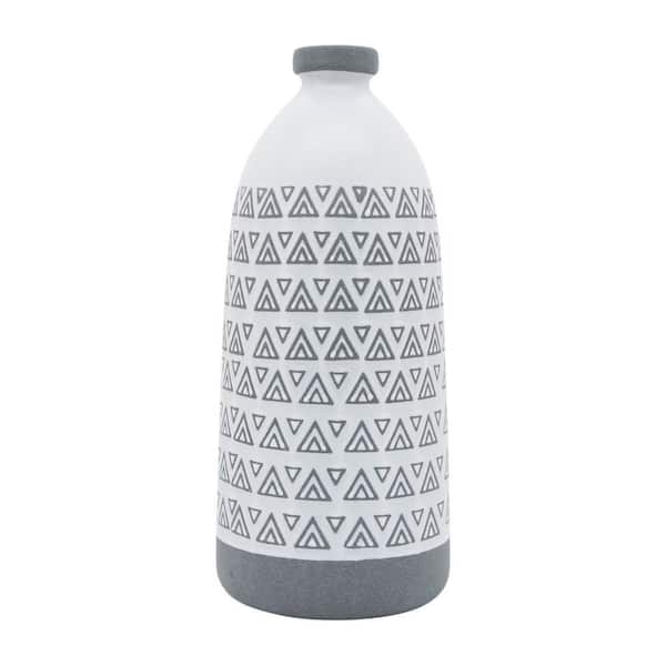 Liv & Skye 18 in. Gray Stoneware Bud Aztec Geometric Pattern Decorative Vase