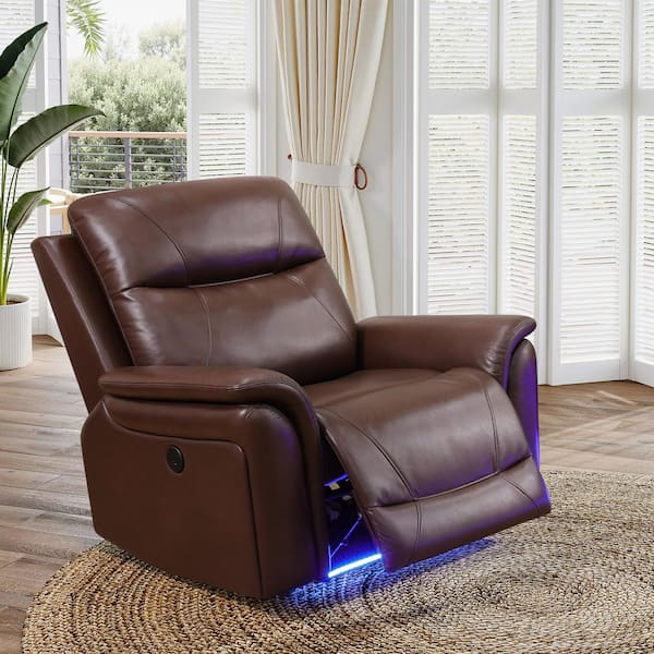 42 in. Reddish Brown Breathing Leather Glider Power Recliner Sofa with LED, USB