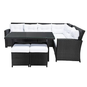 Miki Black 5-Piece Wicker Outdoor Patio Dining Set with White Cushions