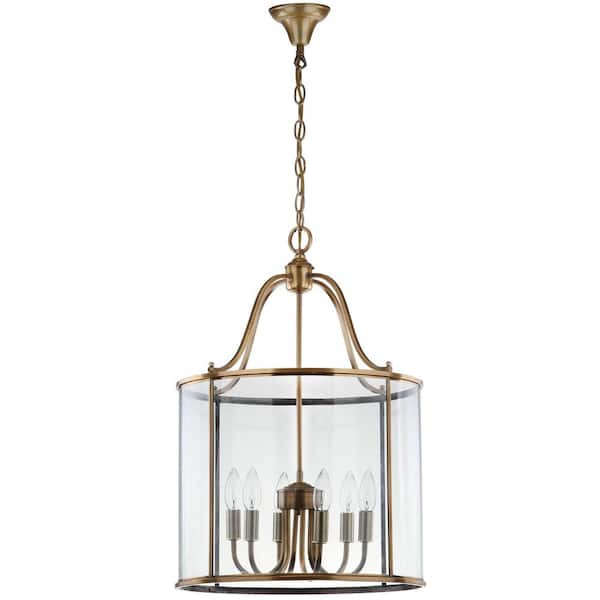SAFAVIEH Sutton Place 6-Light Brass Large Cage Pendant with Clear Shade