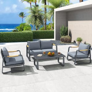 4-Piece Aluminum Outdoor Patio Conversation Set with Aluminum Table Top and Grey Cushions
