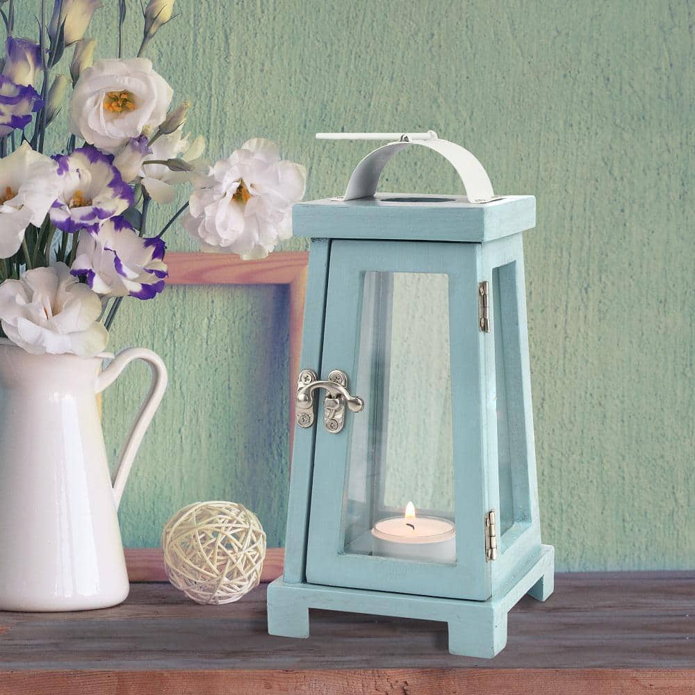 Nautical Blue Painted Wood Tabletop Hurricane Candle Lantern