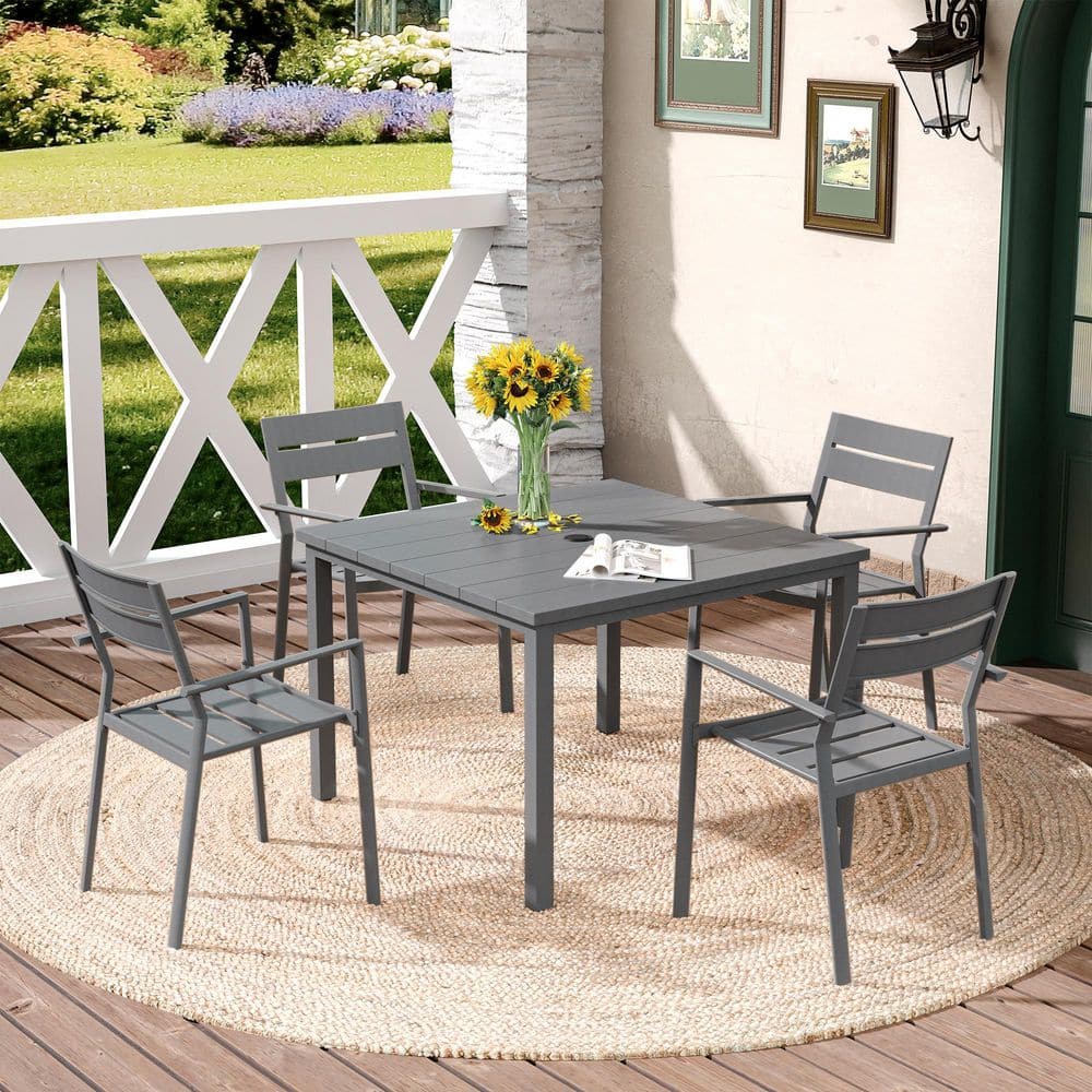 5-Piece Metal Outdoor Patio Dining Set with 40.2 in. Grey Square Slatted Table and 4 Grey Stackable Dining Chairs price history on PriceWatchPro