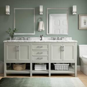 Everett 72 in. W x 22 in. D Vanity Cabinet in Grey with Carrara Marble Vanity Top in White with White Basins