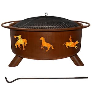 Western 29 in. x 18 in. Round Steel Wood Burning Fire Pit in Rust with Grill Poker Spark Screen and Cover