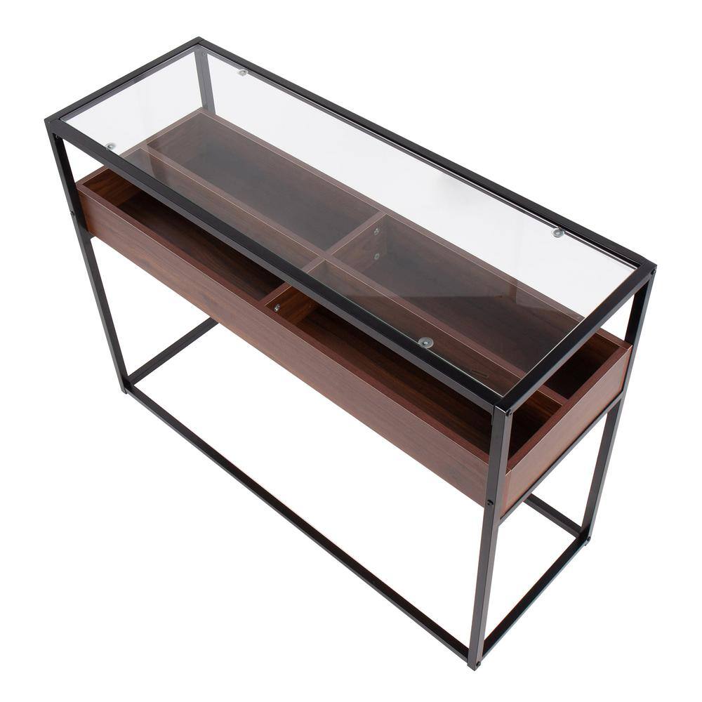 Contemporary Black Steel & Walnut Wood Console Table with Glass Top