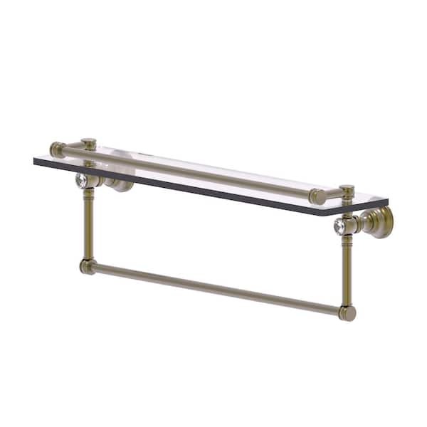 Allied Brass Carolina Crystal Collection 22 in. W x 7.4 in. H x 5.54 in. Glass Rectangular Shelf in Antique Brass with Towel Bar