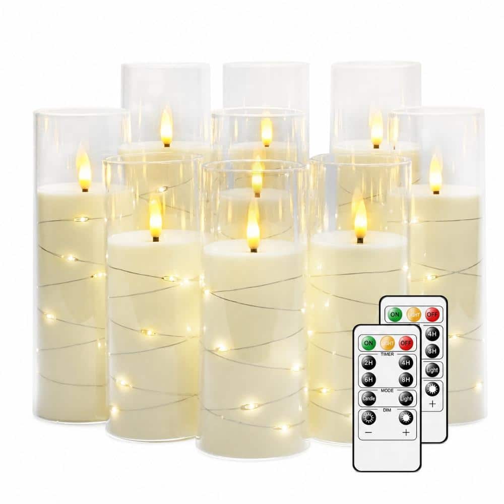 LOKWT 9-Pack Flameless LED Pillar Candles with Embedded Star String and Remote, Flickering White, Three Size Groups