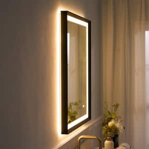 24 in. W x 32 in. H Rectangular Framed Dimmable Backlit Front Light Slope LED Bathroom Vanity Mirror in Black,Easy Hang