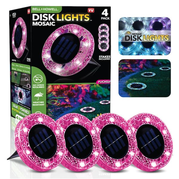 Bell + Howell Mosaic Disk Lights Solar Powered Pink LED Path Light with Mosaic Glass Top 4-Pack