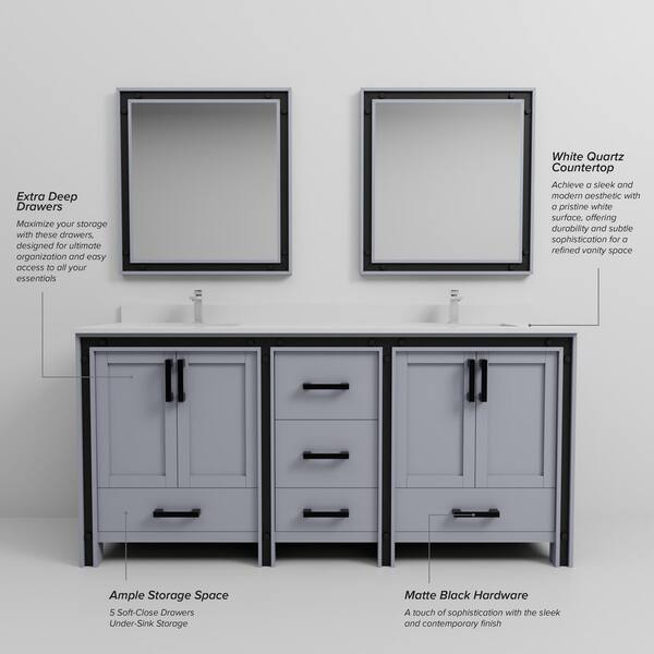 Lexora Ziva 72 in W x 22 in D Dark Grey Double Bath Vanity, White