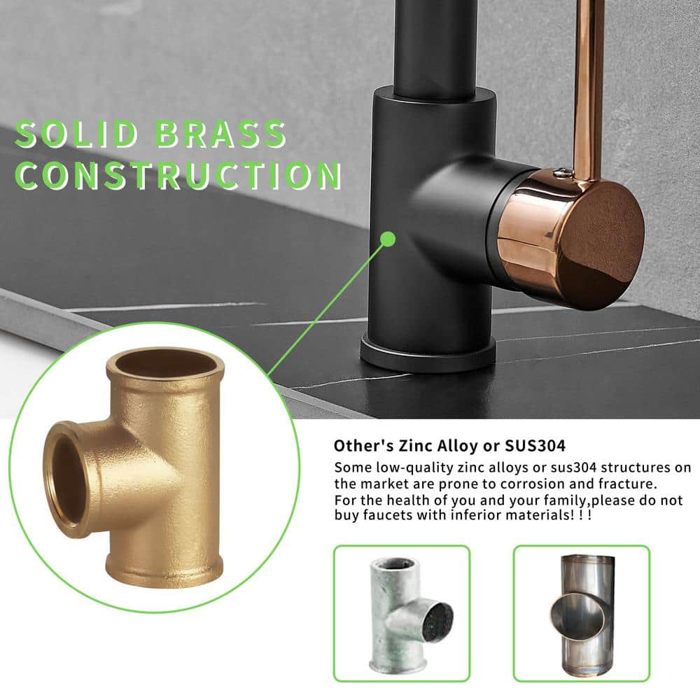 Matte Black and Rose Gold Pull Down Kitchen Faucet with LED Light