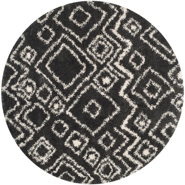 SAFAVIEH Belize Shag Charcoal/Ivory 7 ft. x 7 ft. Round Geometric Tribal Area Rug