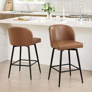 Cynthia 27 in. Saddle Brown High Back Metal Swivel Counter Stool with Faux Leather Seat (Set of 2)