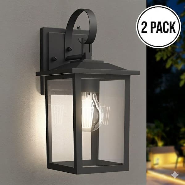Hawaii 12.5 in. 1-Light Black Modern Lantern Aluminum Dusk to Dawn Hardwired Outdoor Sconce No Bulb Included (2-Pack)